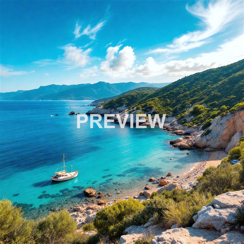 A scenic coastal landscape with turquoise waters, a sailboat anchored near the shore, rocky beach, lush green hills, and distant mountains under a partly cloudy sky.